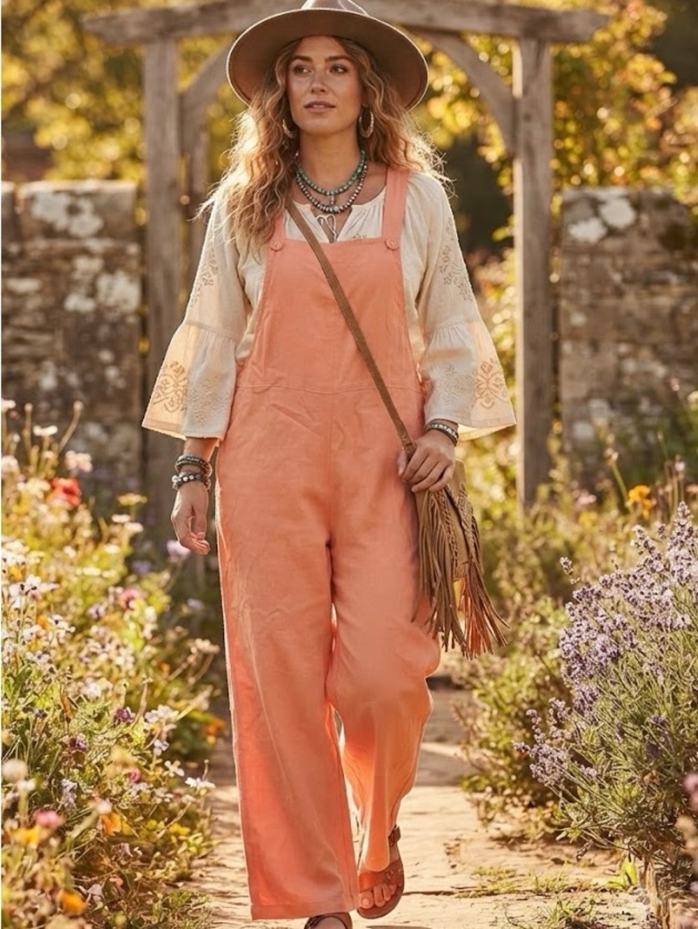 Twik Par Simons Coral Peach Orange Jumpsuit Overalls ECOVERO Planet Kind Boho - Picture 1 of 5
